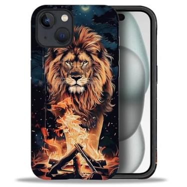 Imagem de FKBRCL4U Capa para iPhone 15, capa protetora de silicone híbrida de 2 camadas para meninas e mulheres, juba de leão, chama a chama, estampa noturna para iPhone 15