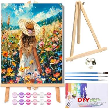 Imagem de VIGEGU Kit de pintura por números Flower Girl para adultos com moldura - Pintura por número com cavalete de madeira DIY Nice Box Pintura a óleo acrílica, para decoração de parede 30 x 40 cm