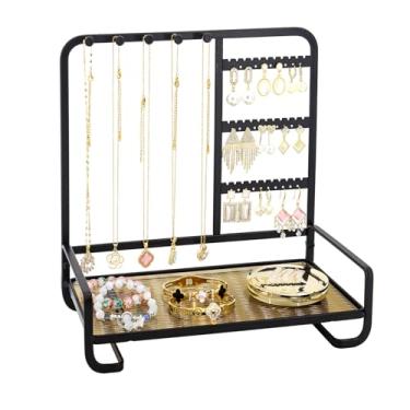 Imagem de KOOAAICCHI Suporte organizador de joias de metal com bandeja de acrílico, suporte de armazenamento de colar, suporte de exibição moderno para anéis, brincos e pulseiras (preto)