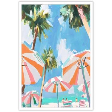Imagem de Pôster de paisagem de praia da costa de Amalfi, pintura de guarda-chuva de praia listrada em laranja, estampa tropical de verão, palmeiras, art deco, sala de estar, decoração de quarto, pôster 30 x 40