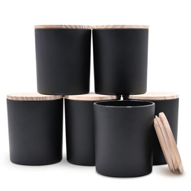 Imagem de SHOWIN Frascos de vela de 400 ml de espessura para fazer velas, 6 peças, frascos vazios com tampas de madeira para potes de especiarias, recipiente de amostra, preto fosco