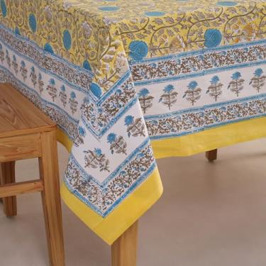 Imagem de DecorAvenue Toalha de mesa de algodão estampada à mão – design floral elegante e tradicional, 100% algodão, macio e durável, perfeita para jantar, cozinha e decoração ao ar livre (retângulo de 6