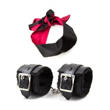 Imagem de Kit de máscara de olhos de cetim para algemas fofas - máscara preta de cetim para olhos - algemas ajustáveis pulseira fofa (preto)