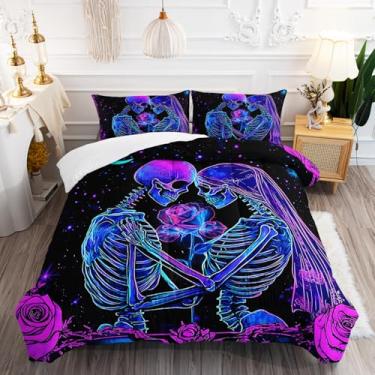 Imagem de AILONEN Conjunto de edredom queen com caveira, neon gótico, para casais, noivas, esqueleto humano, para decoração de quarto, 1 colcha + 2 fronhas, 3 peças