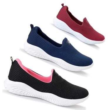 Imagem de Kit 3 Sapatilha Feminina Ortopédica Calce Fácil Sem Cadarço Leve Confortável (Preto Rosa/Marinho/Bordo, BR, Adulto, Numérico, 36)
