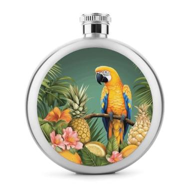 Imagem de Cantil de aço inoxidável, papagaio de verão, abacaxi, estampa de pássaro, cantil clássico, cantil, garrafa de viagem, garrafa portátil de licor