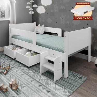 Imagem de Cama Infantil + Colchão com 2 Baus Organizador Escada Luna Plus Branco