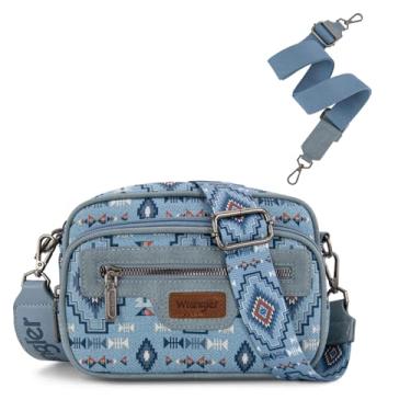 Imagem de Bolsa tiracolo Wrangler asteca feminina com vários bolsos e duas alças substituíveis, Jeans