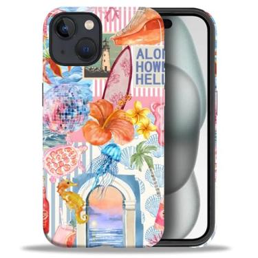 Imagem de ZHEGAILIAN Capa compatível com iPhone 15, capa rígida híbrida de 2 camadas para meninas meninos mulheres homens, concha praia água-viva fruta bebida colagem