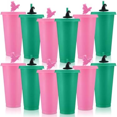 Imagem de SiliFine Pacote com 12 copos rosa e verde com canudos de tampa e cobertura de canudo Copos de lembrancinhas de festa de bruxa reutilizáveis copos de plástico para tema princesa bruxa aniversário, dia