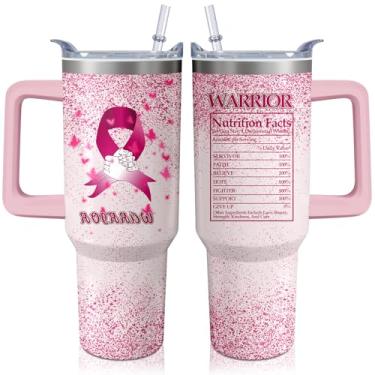 Imagem de Copo de conscientização do câncer de mama de 1,134 g com alça e canudo para mulheres, copo isolado de aço inoxidável com fita rosa, garrafa de água, presente para pacientes sobreviventes