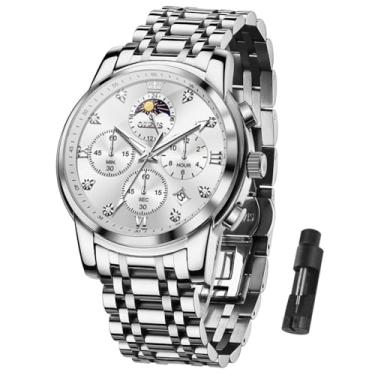 Imagem de OLEVS Relógio masculino, relógio social masculino à prova d'água de aço inoxidável, mostrador grande clássico com data para hombres, relógios de pulso analógicos masculinos modernos, G3655-G-branco