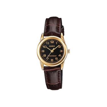 Imagem de Casio LTP-V001GL-1B Relógio analógico feminino padrão dourado com mostrador preto pulseira de couro