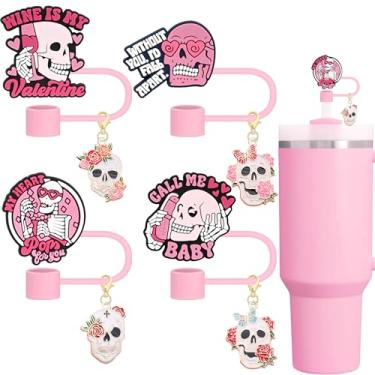 Imagem de Conjunto de topos de palha de Halloween, tampas de palha fantasma rosa com pingentes de caveira de encaixe para copos Stanley de 850 g 40 0z, tampas reutilizáveis à prova de poeira para presentes de