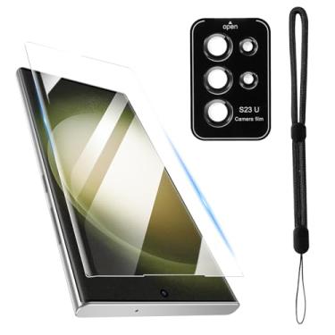 Imagem de PASNEW Protetor de tela para Samsung Galaxy S23 Ultra [6,8 polegadas] + 1 pacote de protetor de lente de câmera para S23 Ultra + 1 cordão preto, vidro temperado [dureza 9H]-HD