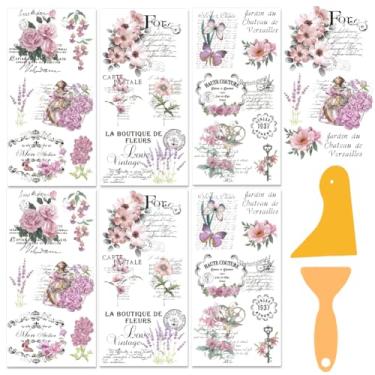 Imagem de BEUNITONE 6 peças de flores vintage em transferências para artesanato e móveis, palavras retrô, adesivos de transferência de flora para móveis de madeira, tecido de porcelana de vidro, 30 x 15 cm