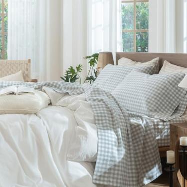 Imagem de MooMee Jogo de lençol guingão 100% algodão lavado, como textura, respirável, macio com bolso profundo de 40,6 a 48 cm (gota do norte, cinza, guingão, King)