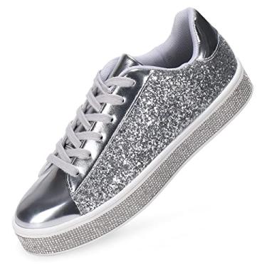Imagem de ALLY UNION MAKE FORCE Tênis Femininos Brilhantes E Para Casamento, Calçados Prateados Com Strass Mulheres, Tamanho 6