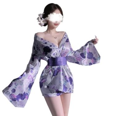 Imagem de SENJIY sexy kimono for women lingerie bathing robe cosplay costume Yukata Perspective Cute open front Deep V-Neck Floral Pattern dress japanese Anime Roleplay Satin outfit white