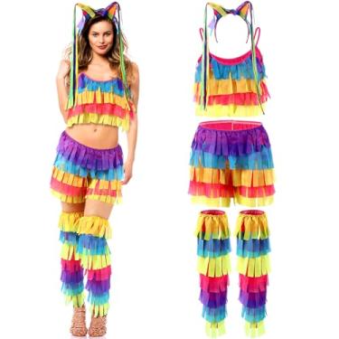 Imagem de Cotwinter Conjunto de biquíni feminino com faixa de cabeça multicolorida para cosplay de Halloween da Pinata, Multicolorido., GG