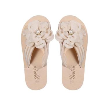 Imagem de GORGLITTER Sandália feminina de malha com laço decorativa, rasteira, bico aberto, dedo do pé, Bege floral, 35 BR