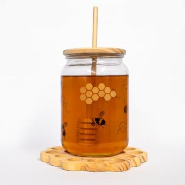 Imagem de Meleira Decorada Vidro 400ml Colher Madeira Tampa Base Pinus Elegante Mesa Café Cozinha Só Art's®