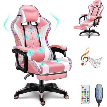 Imagem de Cadeira De Jogos Bluetooth Com Alto-falantes Confortável Led Light Massage Cadeira De Vídeo Ergonômica Com Apoio Para Os Pés Cadeiras De Pc Para Cadeira De Escritório Jogos Co, Pink