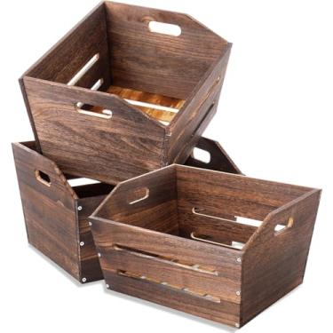 Imagem de Geelin Caixa de madeira grande com 3 peças, cesta de armazenamento rústica, cesta de madeira decorativa feita à mão, caixas de madeira para armazenamento de frutas e legumes (15,8 x 11,8 x 23 cm)