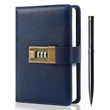 Imagem de WEMATE Diário com cadeado, diário com fechadura, caderno de senha, caneta e caixa de presente - perfeito para homens e mulheres - 11 x 15,7 cm azul escuro mantenha seus segredos seguros
