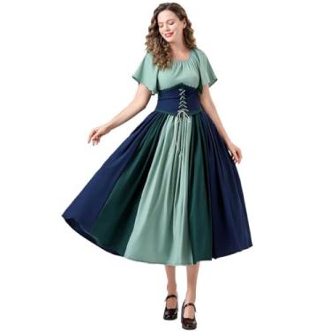 Imagem de Women's Renaissance Peasant Costume Bi-Color Off Shoulder Flare Sleeve Medieval Dress with Corset (1204# Light Blue, L)