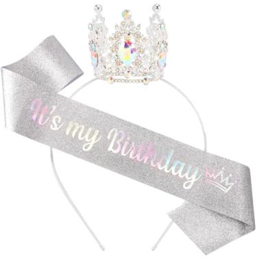 Imagem de It's My Birthday Sash for Women Tiara & Crowns Headbands for Girls Happy Birthday Party Accessories Favor Supllies Leona Silver Pink, 2 Pack