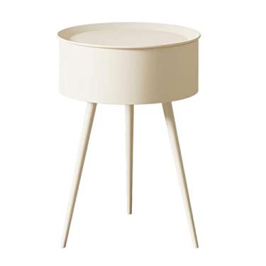Imagem de Mesa de centro de design simples com 3 pernas, mesa lateral redonda com cesta de armazenamento, mesa lateral de sofá de metal com destaque, mesa de cabeceira redonda, mesa de centro pequena para sala