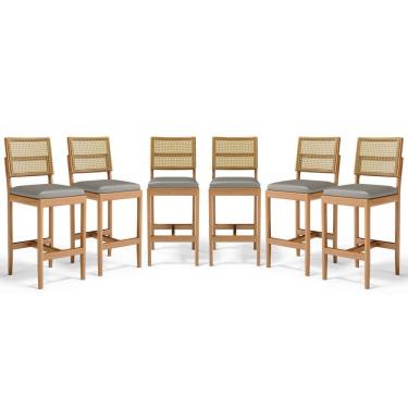 Imagem de Kit Com 6 Banqueta Milena Madeira Maciça Assento Estofado Encosto De Tela Palha Sextavada