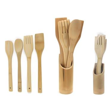 Imagem de Utensílios Cozinha Bambu Kit 5 Peças Colher Espátula Concha Natural Resistentes Sustentáveis