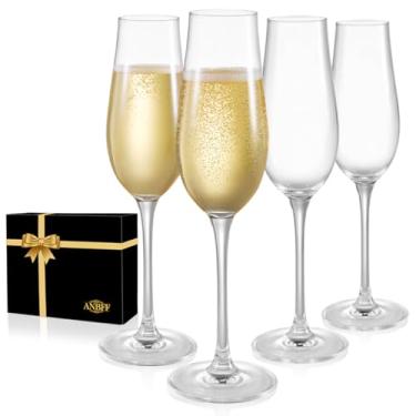 Imagem de ANBFF Conjunto de 4 taças de champanhe, taça de champanhe de cristal soprado à mão, taça de vinho Prosecco de 232 g, taças de vinho espumante Mimosa com caixa de presente - para casamento, aniversário
