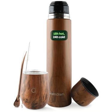 Imagem de Kalmateh Conjunto de cabaça Yerba Mate 227 g e garrafa isolada a vácuo de 1000 ml, inclui copo mate, frasco de parede dupla, canudo Bombilla, escova de limpeza e caixa de presente (madeira)