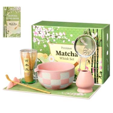 Imagem de Conjunto de batedor Matcha Caixa de presente - Conjunto Matcha rosa com batedor e tigela, kit Matcha de 7 peças inclui tigela matcha de cerâmica, batedor e suporte de bambu, colher e descanso, peneira