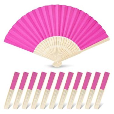 Imagem de JOHOUSE Ventiladores de bambu dobráveis, 12 peças de ventilador portátil estilo oriental ventilador japonês chinês para decoração faça você mesmo festa de dança de casamento verão rosa escuro