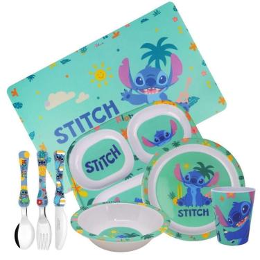 Imagem de Jogo Refeição Infantil Melamina Stitch Disney 8 Peças Incluso Talheres Inox - Tuut