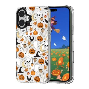Imagem de FOQENCCI Capa de celular de Halloween compatível com iPhone 17 Pro, linda capa compatível com MagSafe, TPU transparente + proteção de moldura de câmera, estampa de fantasma caveira morcego abóbora