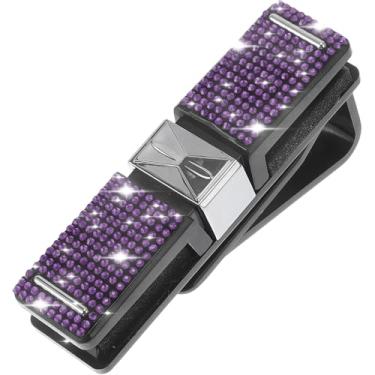 Imagem de Suporte de óculos de sol de strass de cristal brilhante para óculos de sol de carro, suporte de montagem de óculos de couro PU, clipes organizadores de óculos, decoração de cristal clipe de cartão de