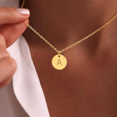 Imagem de Colar feminino com inicial de ouro, banhado a ouro 14K, feito à mão, com pingente de moeda, joia, Medium, Latão, Sem Pedra Preciosa