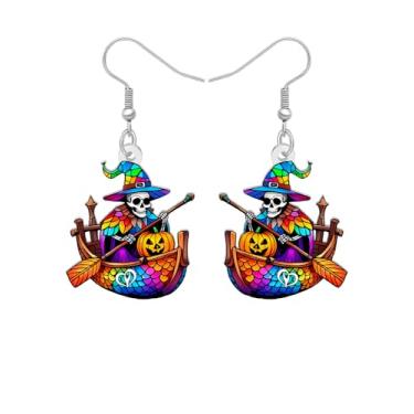 Imagem de Brincos pendentes de caveira de esqueleto pirata de acrílico, presentes de Halloween para mulheres, chapéu de bruxa gótico assustador de navio pirata abóbora peculiar joias de fantasia de férias