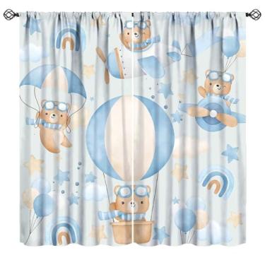 Imagem de Cortinas de urso azul com desenho animado, ursinhos fofos, aventuras voando, avião, estrelas, balão de ar quente, estampa de arco-íris, tratamentos de janela para quarto de festa de aniversário, 107 x