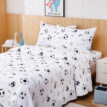 Imagem de Swiftify Jogo de lençol casal para crianças, lençol esportivo de futebol, jogo de cama de 4 peças para meninos e meninas, roupa de cama de microfibra macia escovada, bolso profundo, resistente a rugas