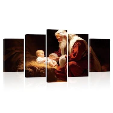 Imagem de LYUNSHUO Arte de parede em tela de Natal 5 peças imagem de presépio Papai Noel com bebê Jesus pintura impressões Cristo arte decoração de parede emoldurada pronta para pendurar (imagem - 16,8 x 14 pol
