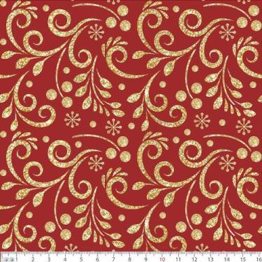 Imagem de Tecido Tricoline Folhas Douradas Fundo Vermelho para Artesanato - Peri