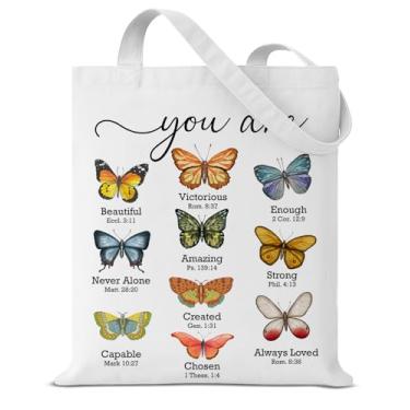 Imagem de Sacola de lona Christian You Are Butterfly para mulheres, meninas, inspiradora, religiosa, borboleta, reutilizável, bolsa de ombro para compras, compras e viagens