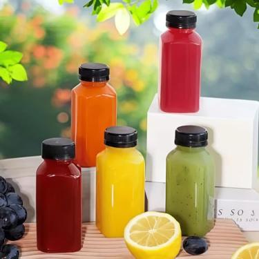 Imagem de 5 garrafas de suco de plástico de 236 ml, recipientes reutilizáveis para bebidas com tampas pretas para suco, batido de leite e outras bebidas, armazenamento de geladeira