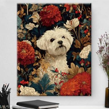 Imagem de Arte de parede botânica de cachorro maltês vintage em cor creme emoldurada - Decoração de parede com flores escuras Academia para quarto, quarto, casa 20,3 x 25,4 cm